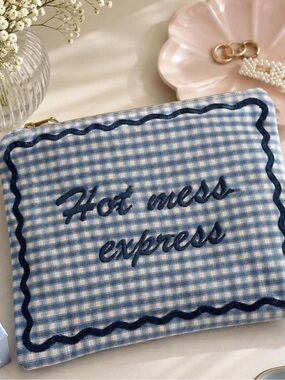 Lady Delaney “Hot Mess Express” Blue Gingham Embroidered Pouch